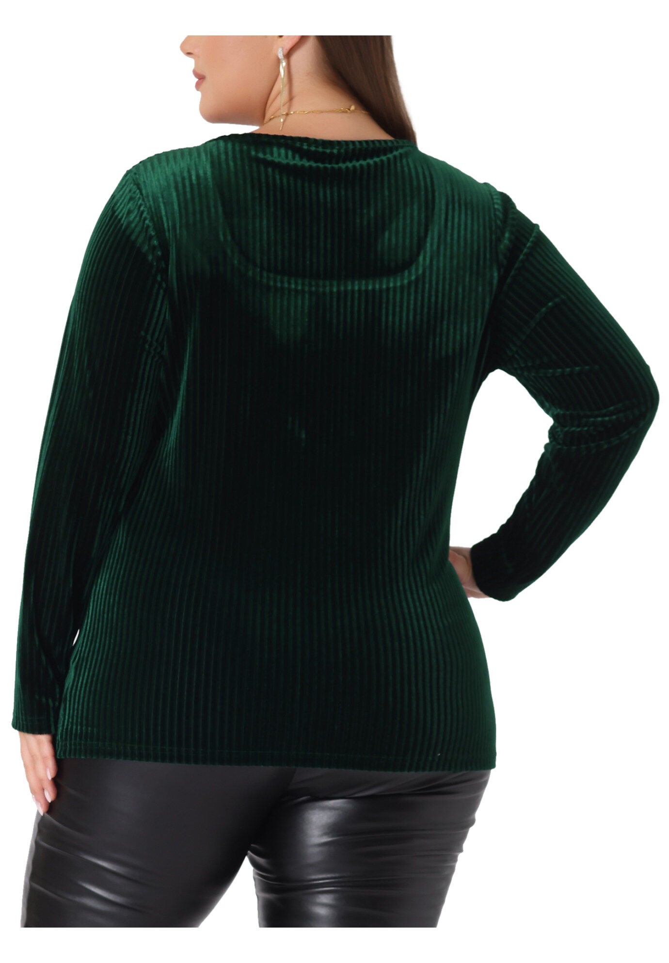 Square Neck Pullover Long Sleeve Blouse Tunic Velvet Top, Dark Green / Forest Green, alternate image number 3