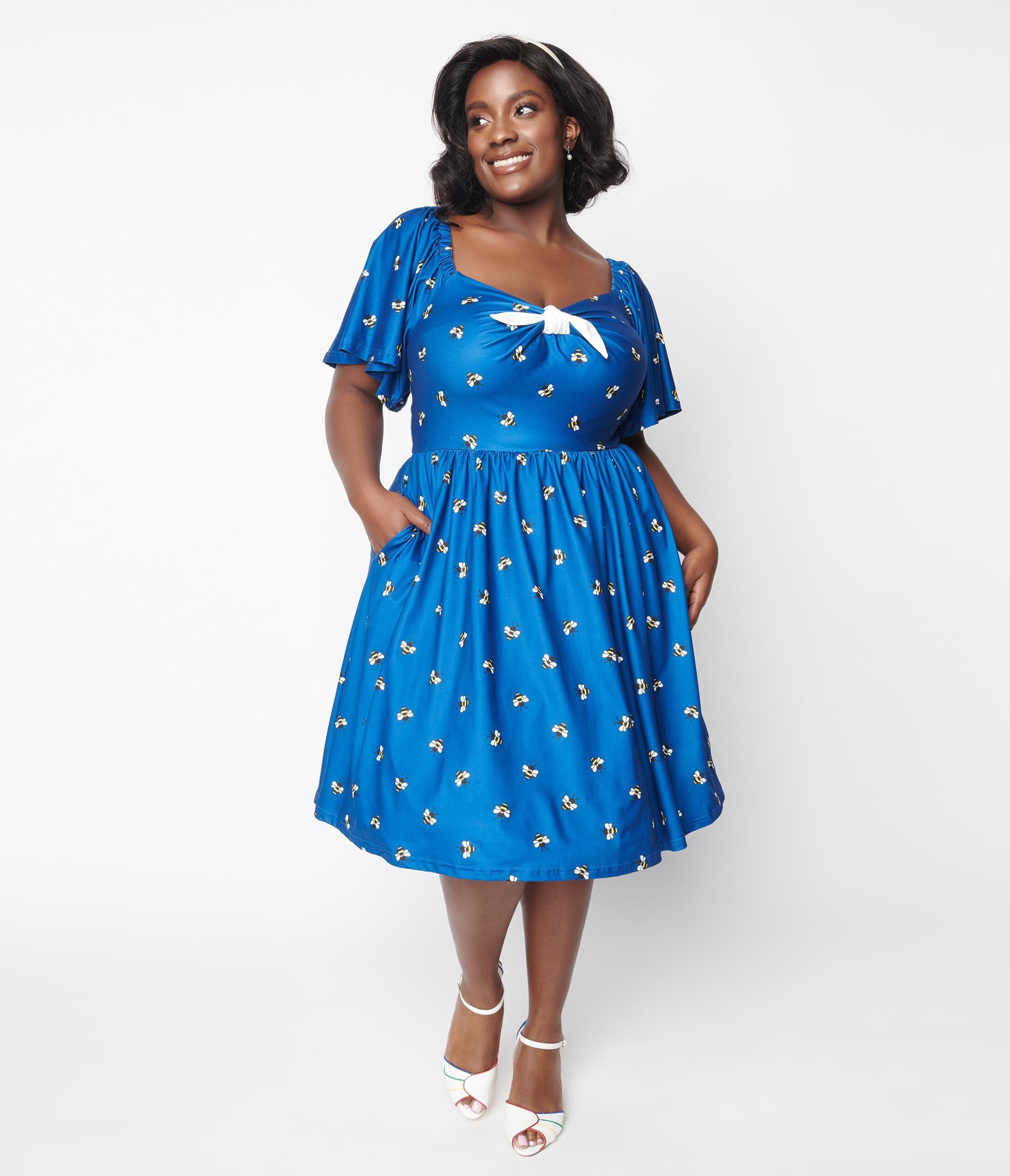 Unique Vintage Curve Blue Bee Print Swing Dress, Blue  Bee Print / Royal Blue, alternate image number 4