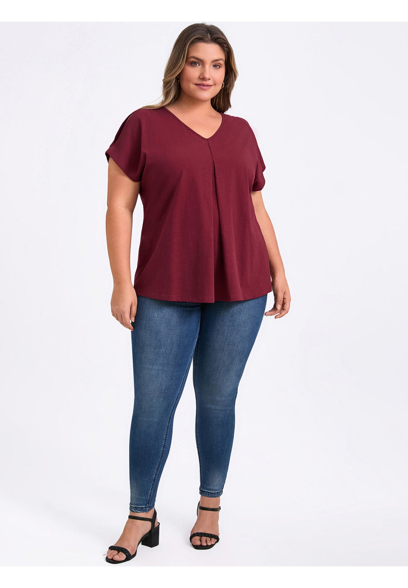 Front Pleated V Neck Slit Sleeve Blouses Cold Shoulder Casual Summer Tee Top, Dark Burgundy / Burgundy, alternate image number 1