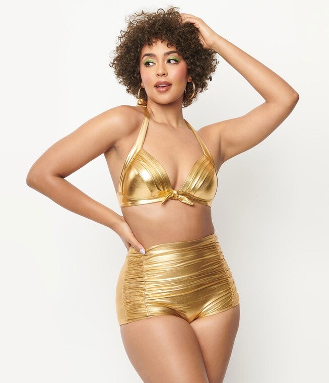 Unique Vintage Gold Monroe Halter Swim Top, Metallic Yellow / Gold, hi-res image number null
