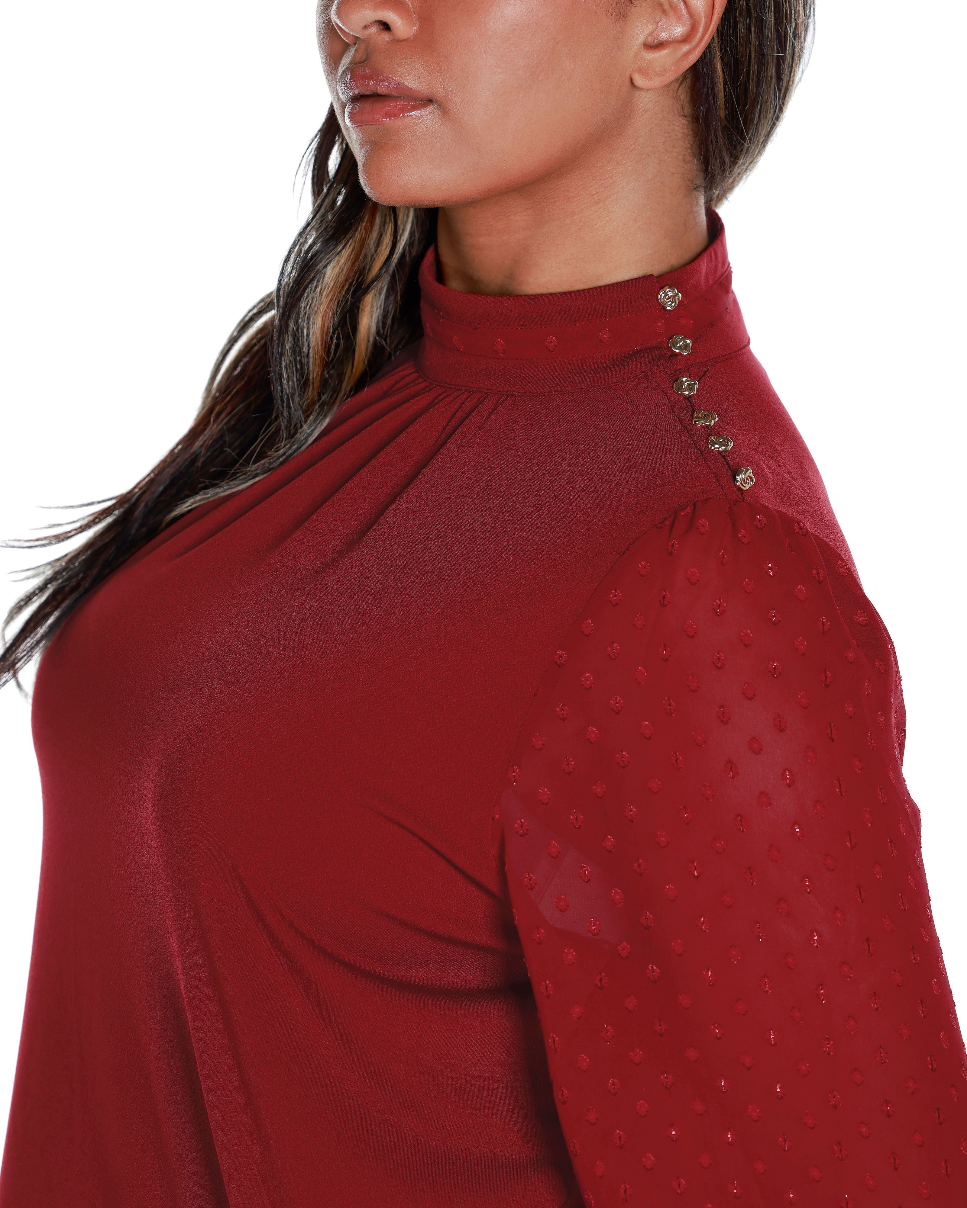 CLIP-DOT CHIFFON SLEEVE KNIT BLOUSE, Cranberry / New Wine, alternate image number 3