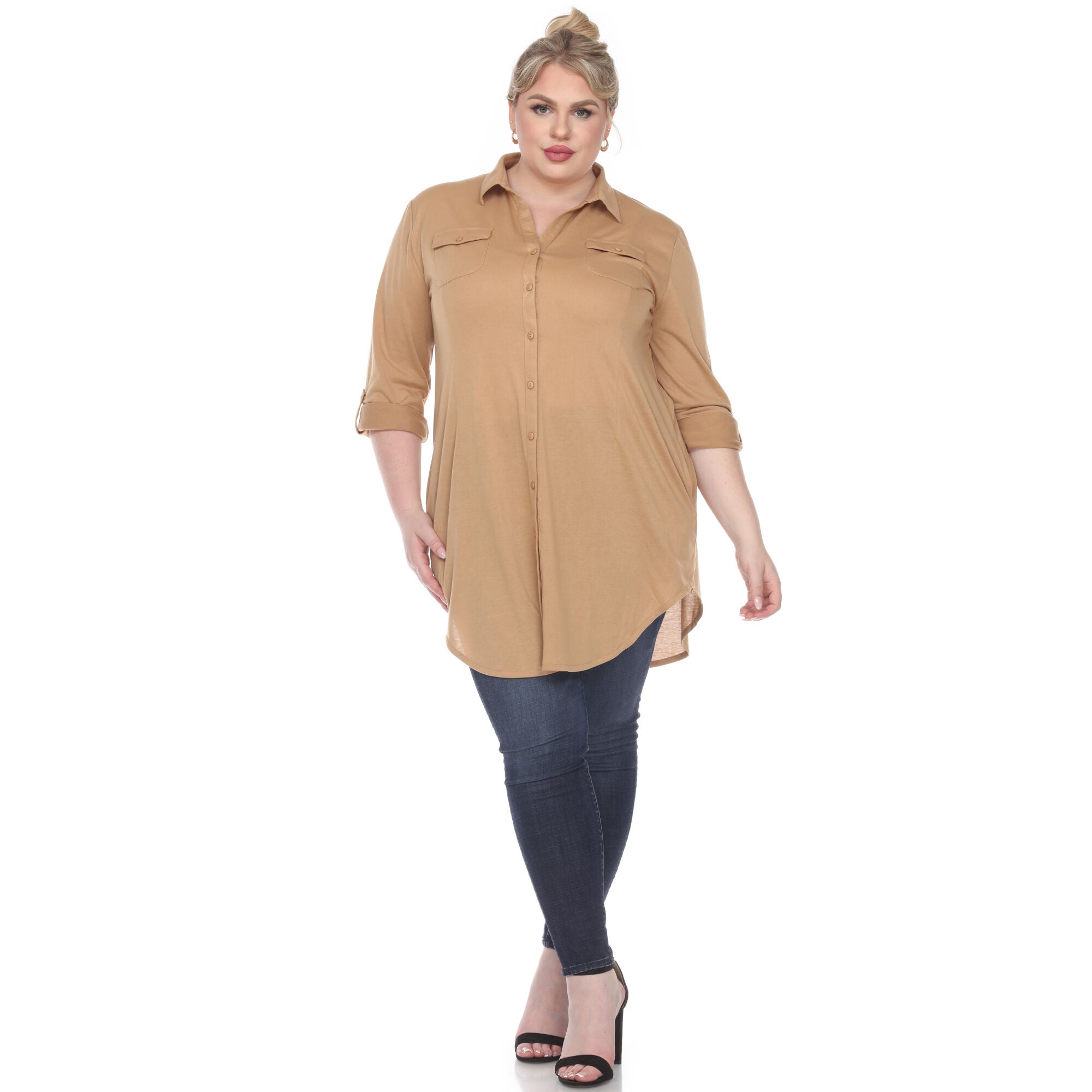 Stretchy Button Down Tunic Top, Camel / Brown, hi-res image number 0