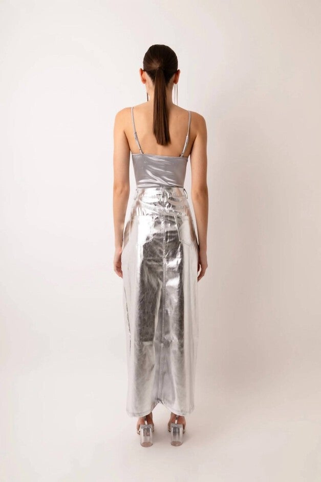 LUPE METALLIC MAXI SKIRT IN SILVER, Silver / Silver, alternate image number null