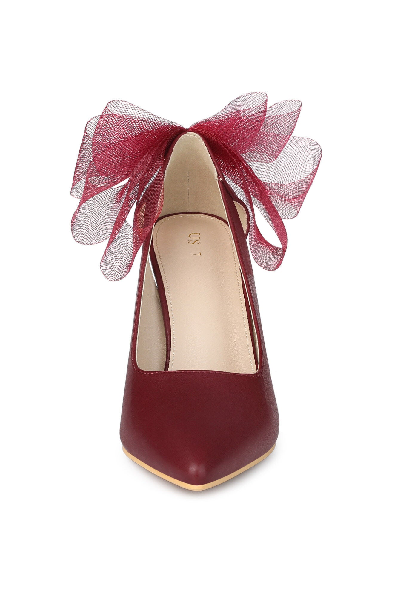 Mesh Bow Pointed Toe Stiletto Heels Pumps, Burgundy / Burgundy, alternate image number 1