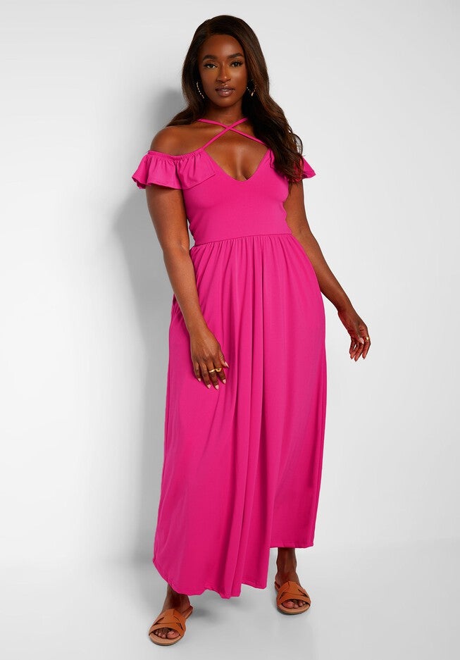 Pure Intentions Ruffle Sleeve Maxi A Line Dress W. Pockets, Fuchsia / Deep Fuchsia, alternate image number 3