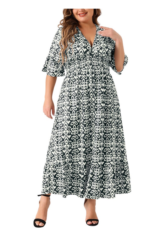 Bell Sleeve Ruffled Hem V Neck Short Sleeve Boho A Line Long Dress, Black / Black, alternate image number 3