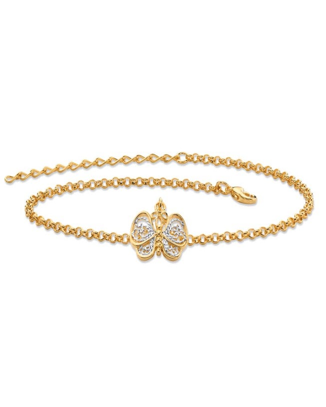 18k Gold-Plated Two-Tone Filigree Butterfly Ankle Bracelet Adjustable 9 inches to 11 inches, Yellow / Yellow, hi-res image number 0