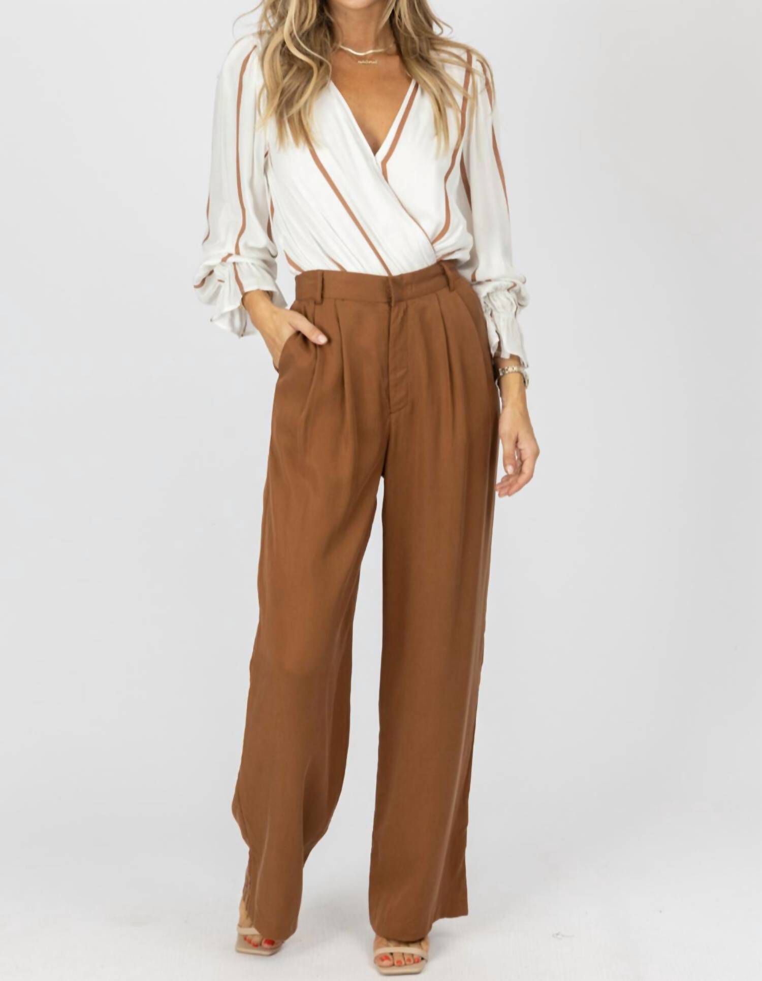 High Waisted Wide Leg Trousers In Brown, , alternate image number 1