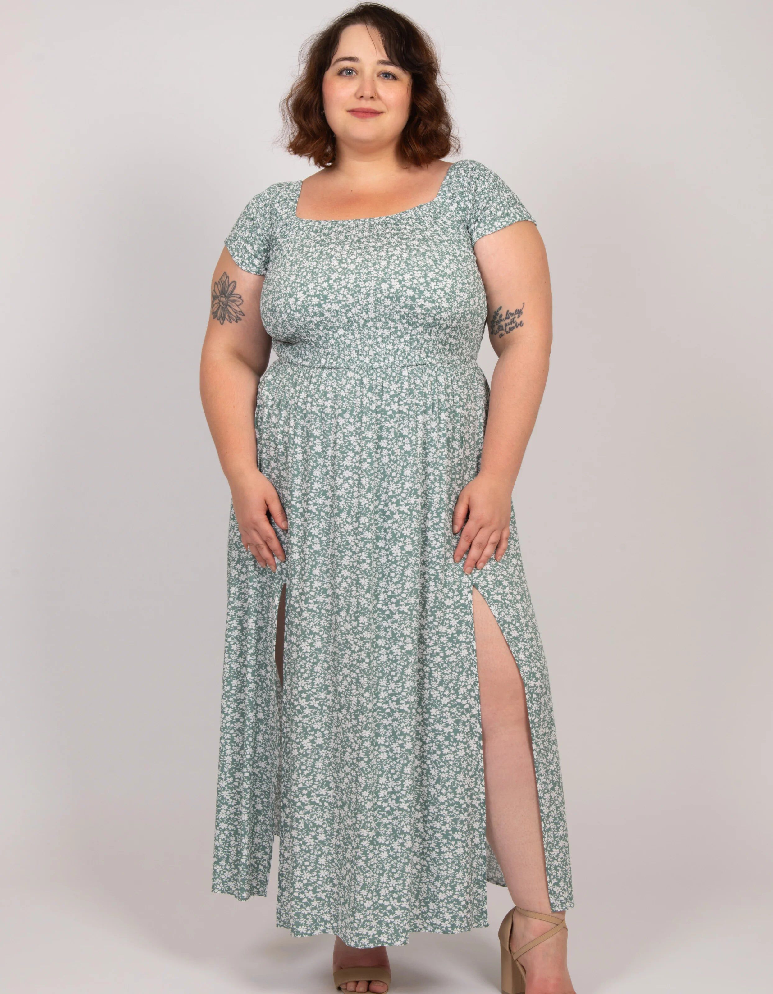 Daphne Midi Dress On-Off Shoulders Side Slit Floral, Green / Sage Green, hi-res image number 0