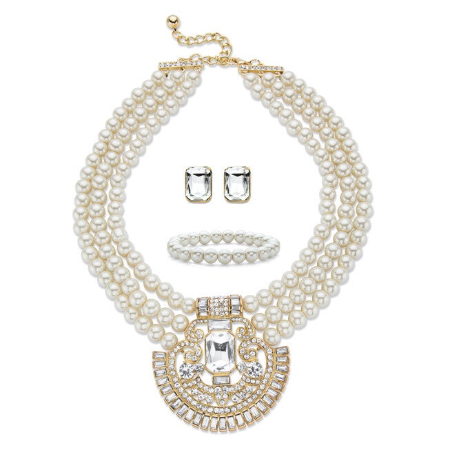 Crystal and Sim. Pearl Goldtone Necklace Earring and Bracelet Set 17 inches-19 inches 8mm, White / White, hi-res image number 0