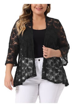 OPEN FRONT 3/4 BELL SLEEVE SHEER LIGHTWEIGHT LACE COVER UP CARDIGAN