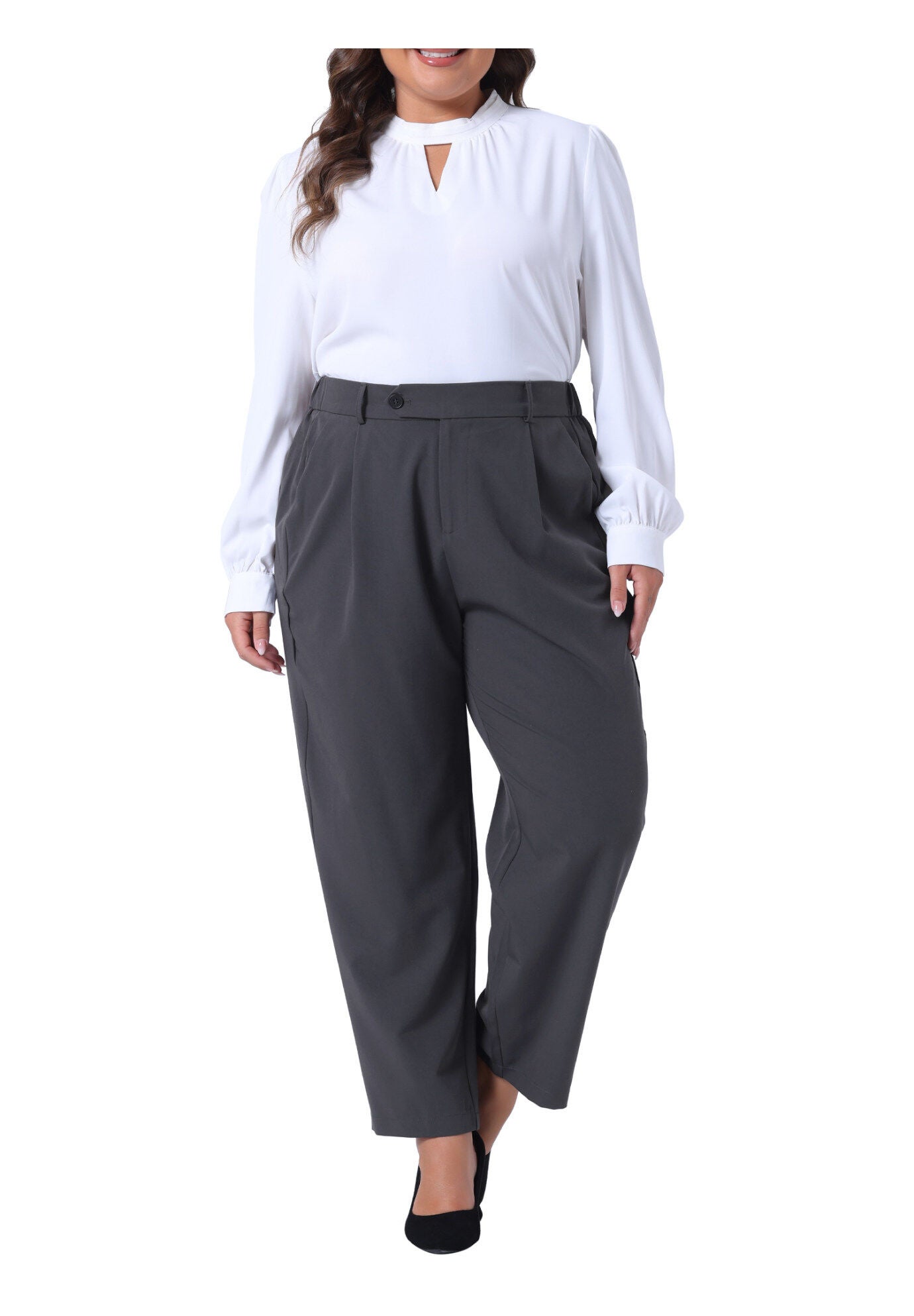 ELASTIC HIGH WAISTED LONG STRAIGHT BUSINESS CASUAL TROUSERS, Gray / Cool Gray, hi-res image number 0