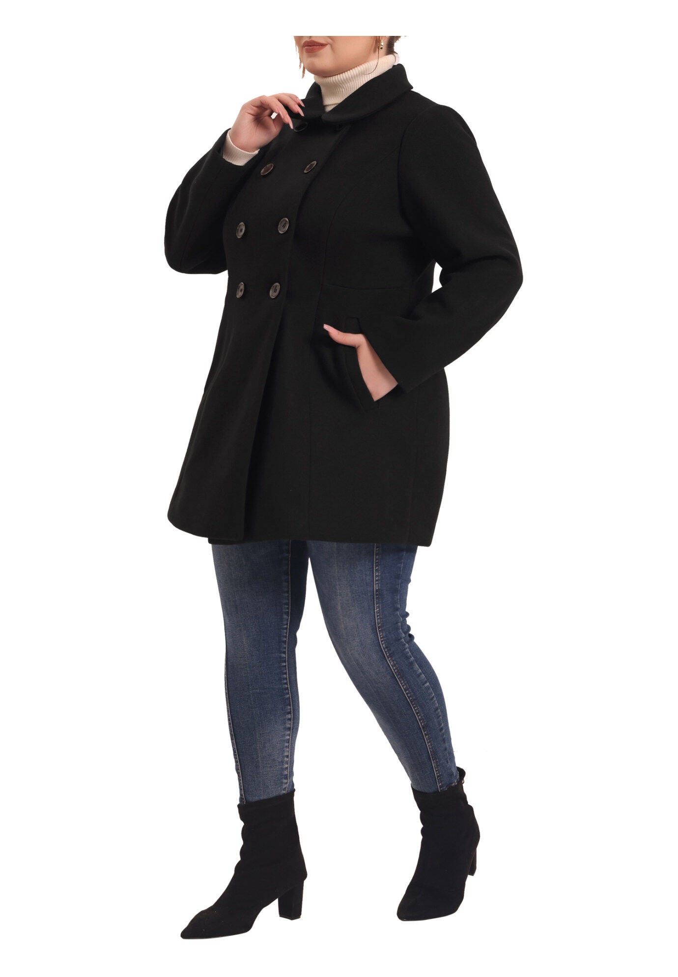 Peter Pan Collar Double Breasted Coat with Pockets, Black / Black, alternate image number 1