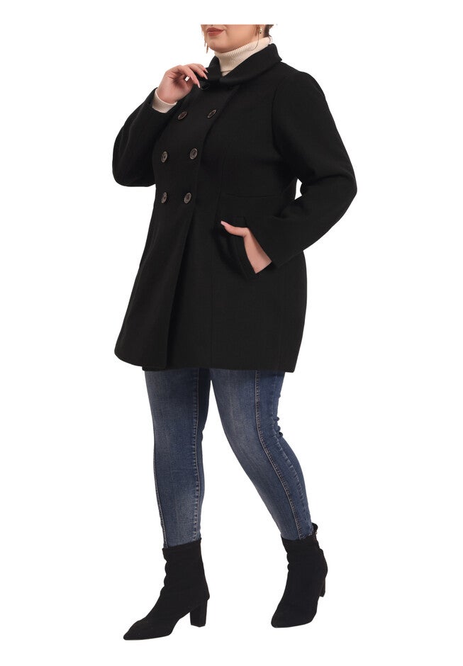 Peter Pan Collar Double Breasted Coat with Pockets, Black / Black, alternate image number 1