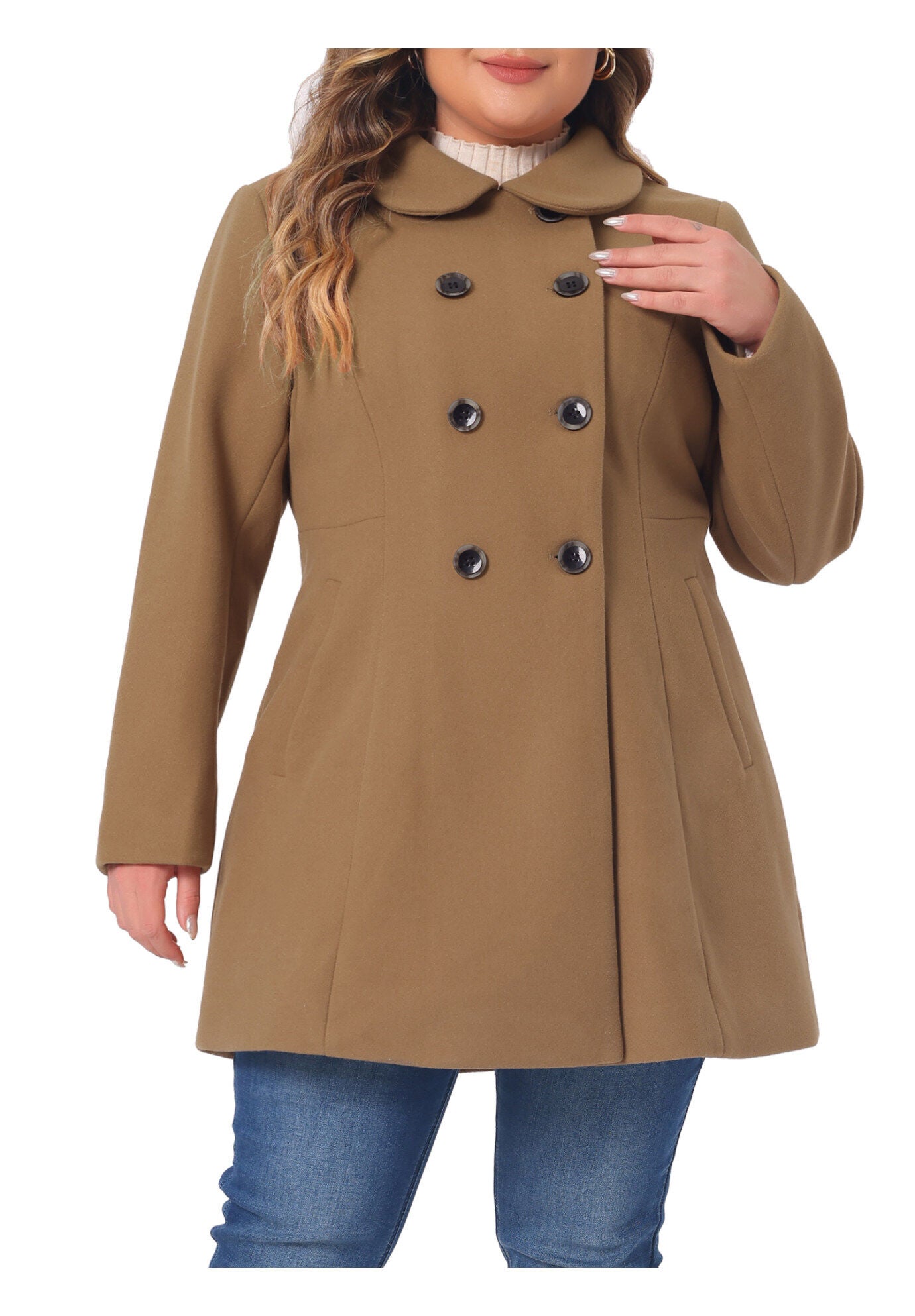 Peter Pan Collar Double Breasted Coat with Pockets, Camel / Brown, alternate image number 1