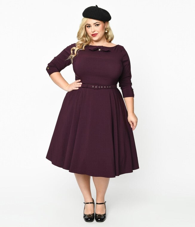 Unique Vintage Eggplant Faux Bow Devon Swing Dress | Dia & Co Unique Vintage Eggplant Faux Bow Devon Swing Dress | Dia & Co