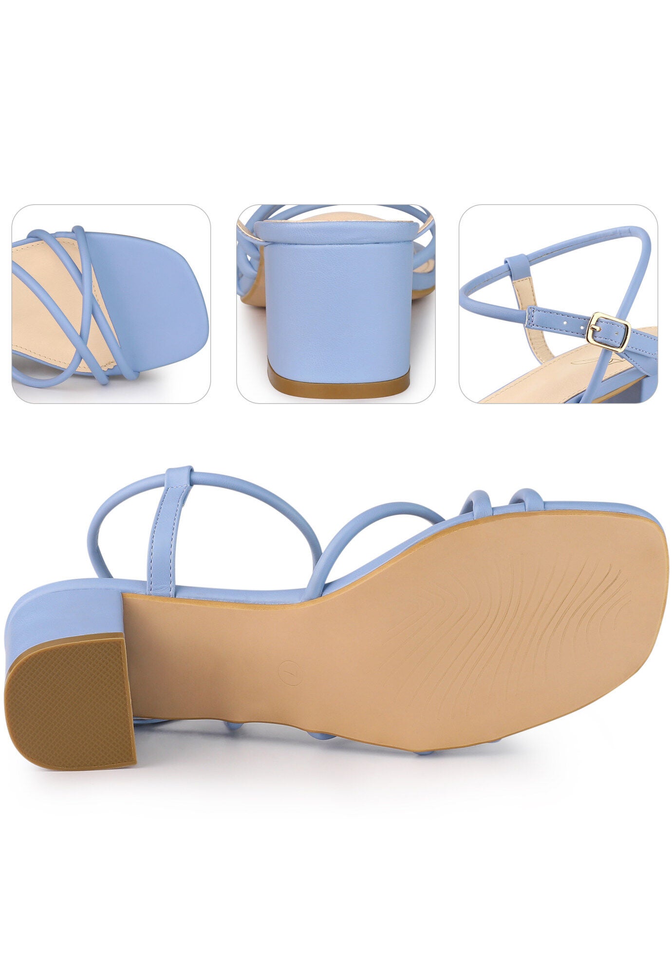Strappy Heels Square Toe Slingback Chunky Heel Sandals, Blue / Dusty Blue, alternate image number 2