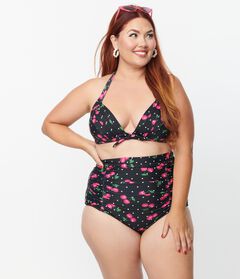 Unique Vintage Black & Hot Pink Cherry Pin Dot Monroe Swim Top