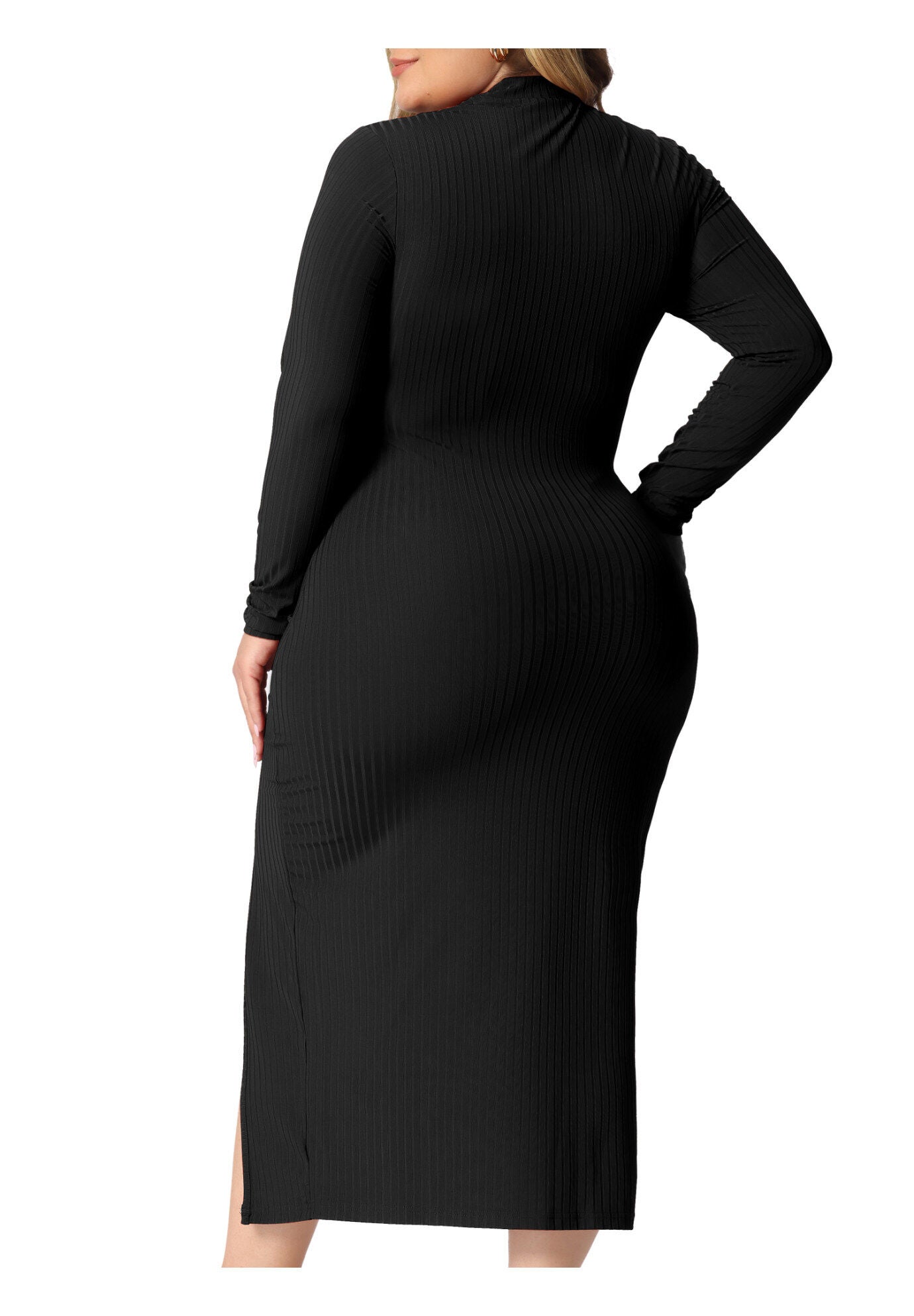 Round Neck Cut Out Front Knee Bodycon Dress, Black / Black, alternate image number 3