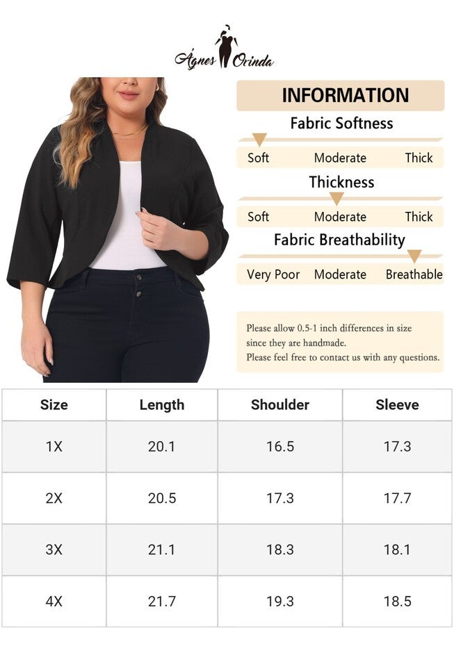 OPEN FRONT 3/4 SLEEVE SUIT BLAZER, Black / Black, alternate image number 3