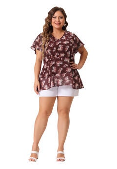 V Neck Short Sleeve layered Casual Floral Blouse Summer Top
