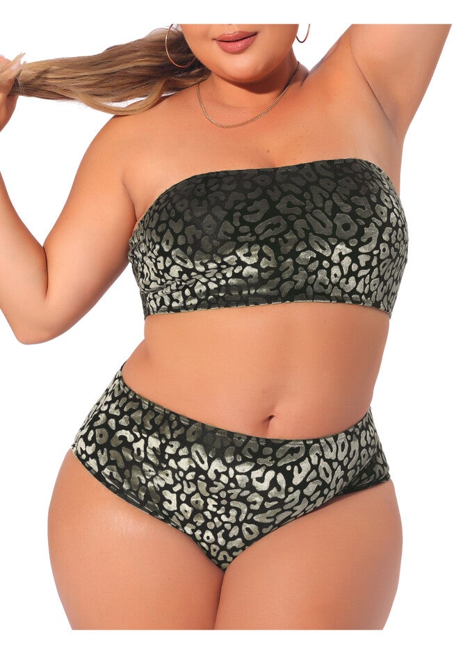 2 Piece Bandeau Bikini Velvet Leopard High Waisted Swimsuit, Green / Forest Green, alternate image number 2