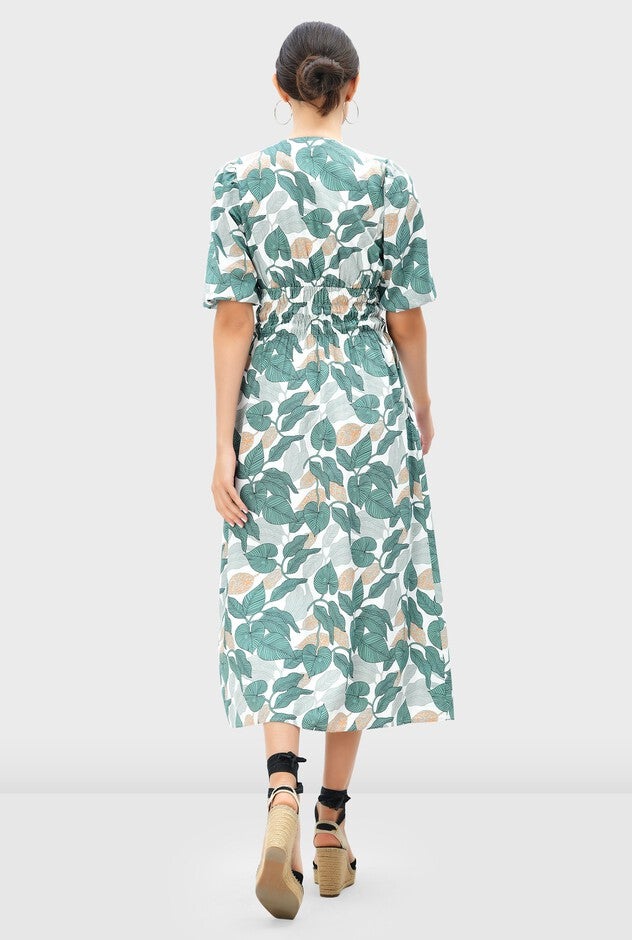 Smocked Empire Waist Leaf Print Cotton Poplin Dress, White / Mint, alternate image number null
