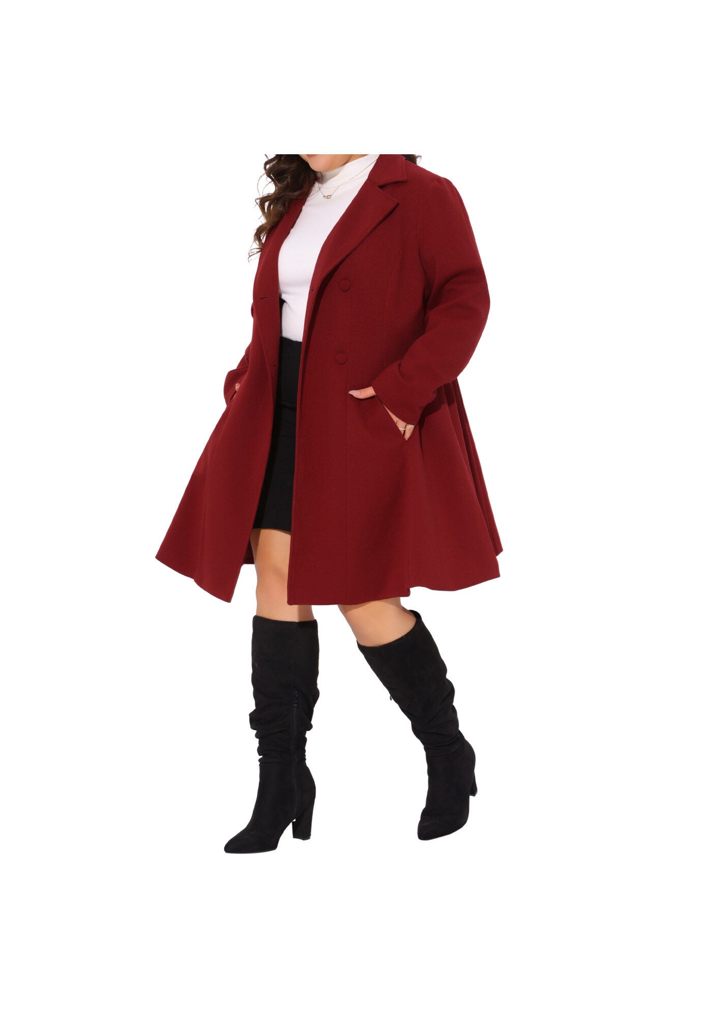 Notch Lapel Double Breasted A Line Peacoat Trench Coat, Burgundy / Burgundy, alternate image number 1