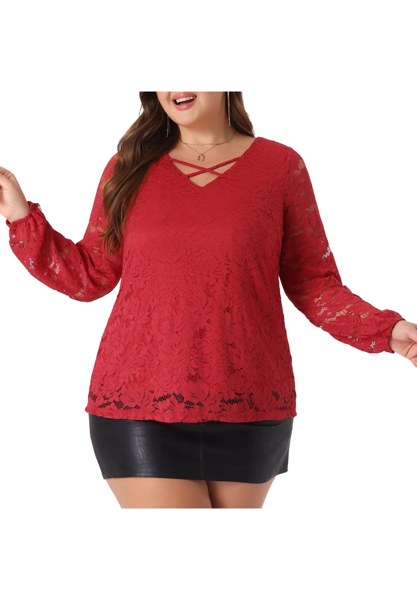 LACE BLOUSE CROSS V NECK SHEER DOUBLE LAYER LONG SLEEVE TOP, Red / Red, alternate image number 1