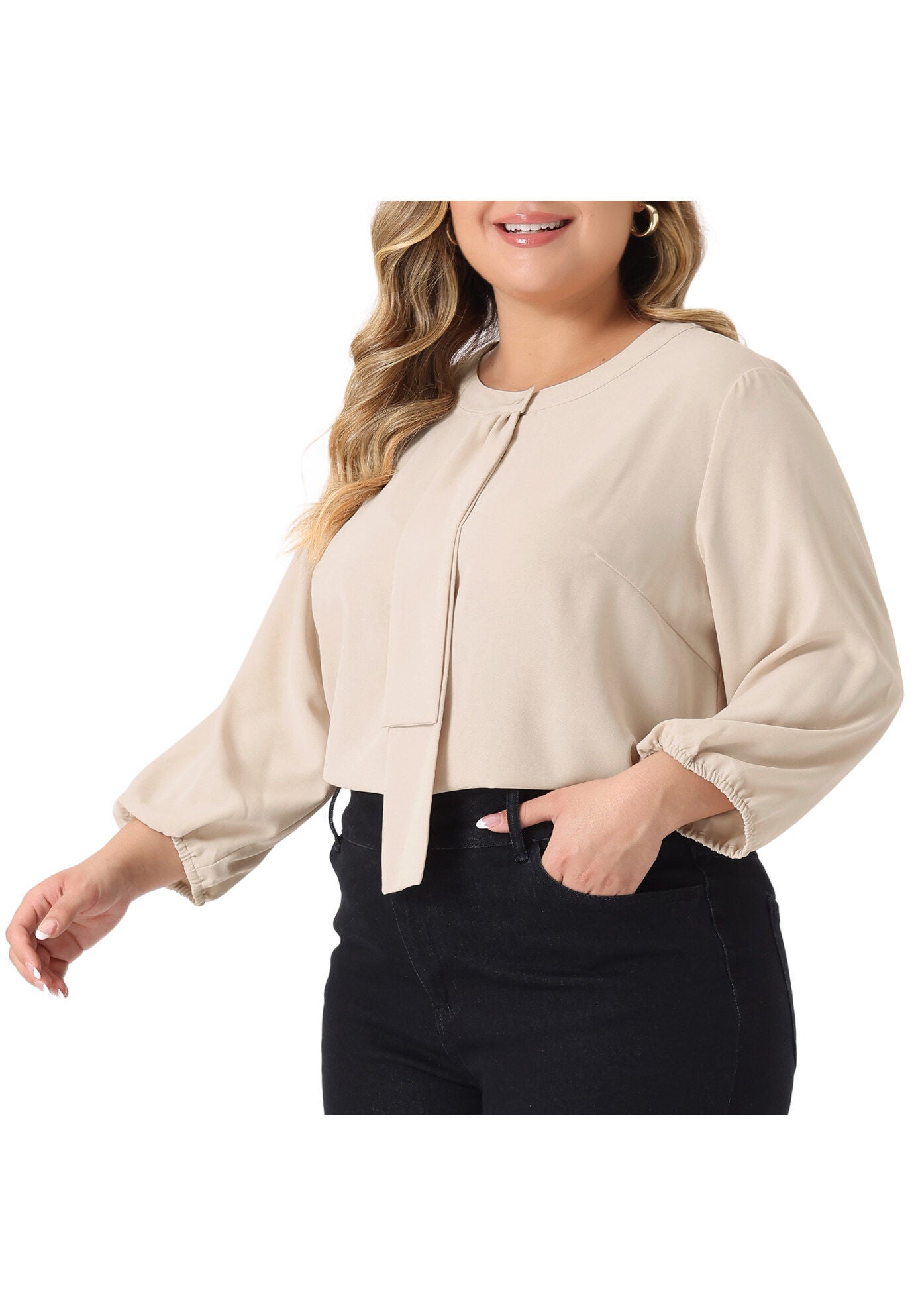 3/4 Sleeve Work Office Tie Front Ruffle Chiffon Blouse Top, Apricot / Cream, alternate image number 4