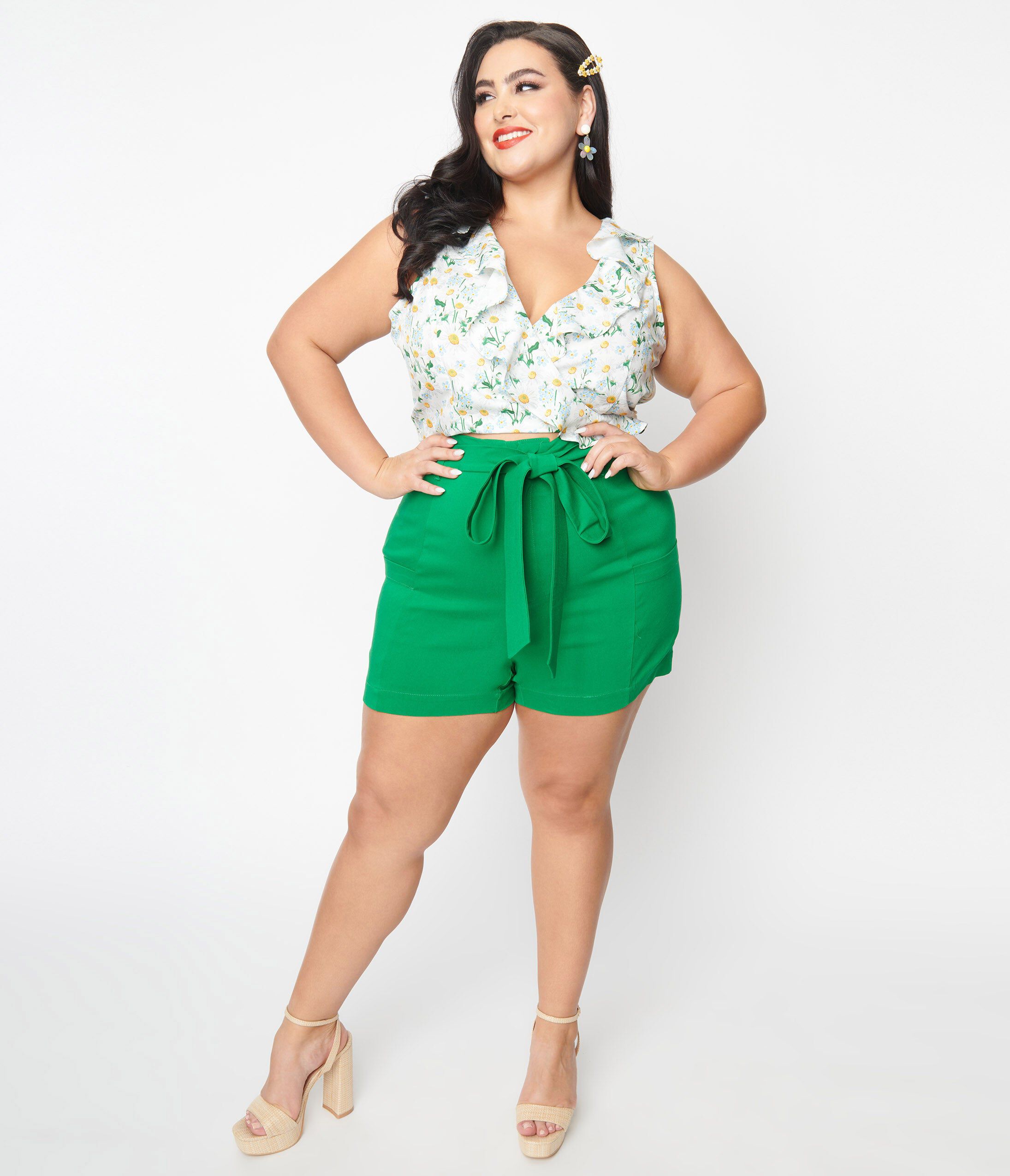 Unique Vintage Green High Waist Tied & True Shorts, Green / Kelly Green, hi-res image number 0