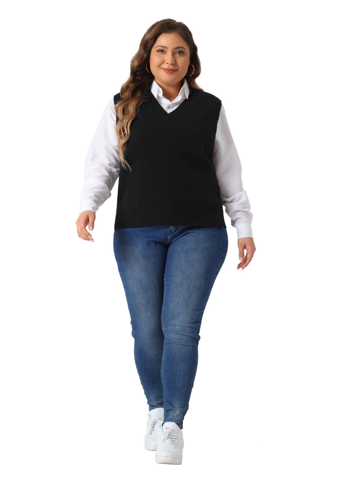 V Neck Knit Vest Sleeveless Pullover Sweater Top, Black / Black, hi-res image number 0