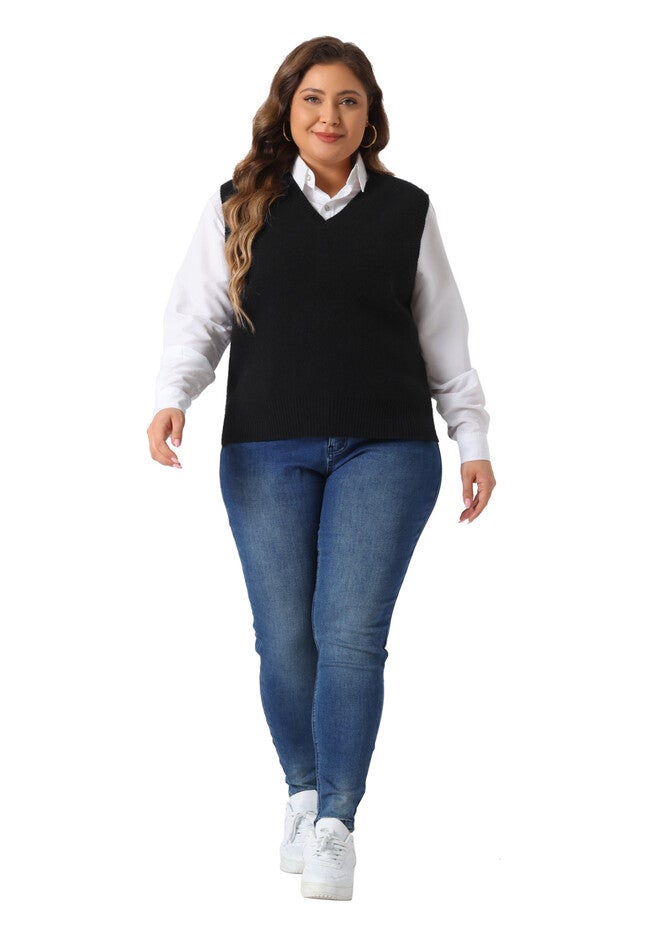 V Neck Knit Vest Sleeveless Pullover Sweater Top, Black / Black, hi-res image number 0