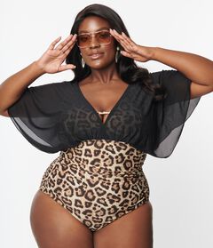 Unique Vintage Leopard & Black Mesh Sleeved Torrey Swimsuit
