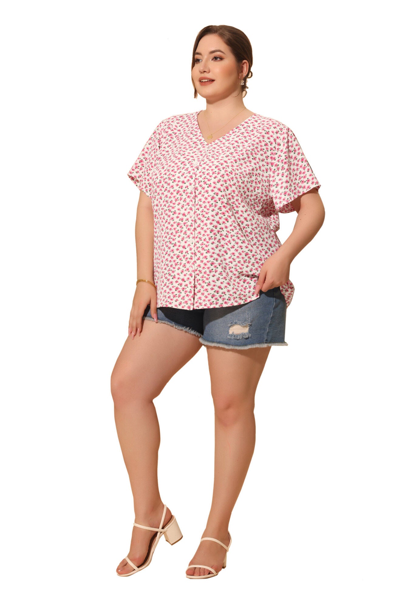 V Neck Button Short Sleeve Floral Blouse, Pink / Pink, hi-res image number 0