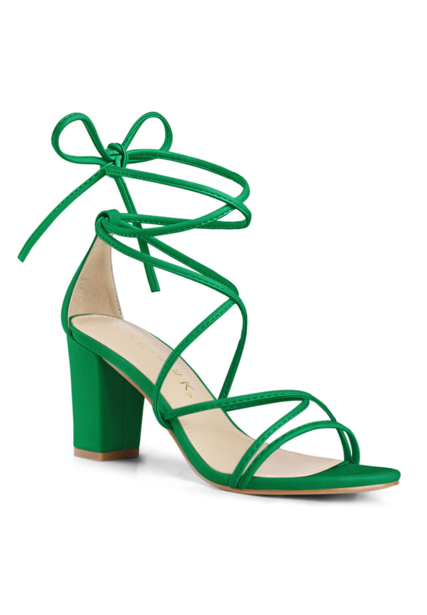 Strappy Lace Up Chunky Heeled Heels Sandals, Green / Kelly Green, hi-res image number 0