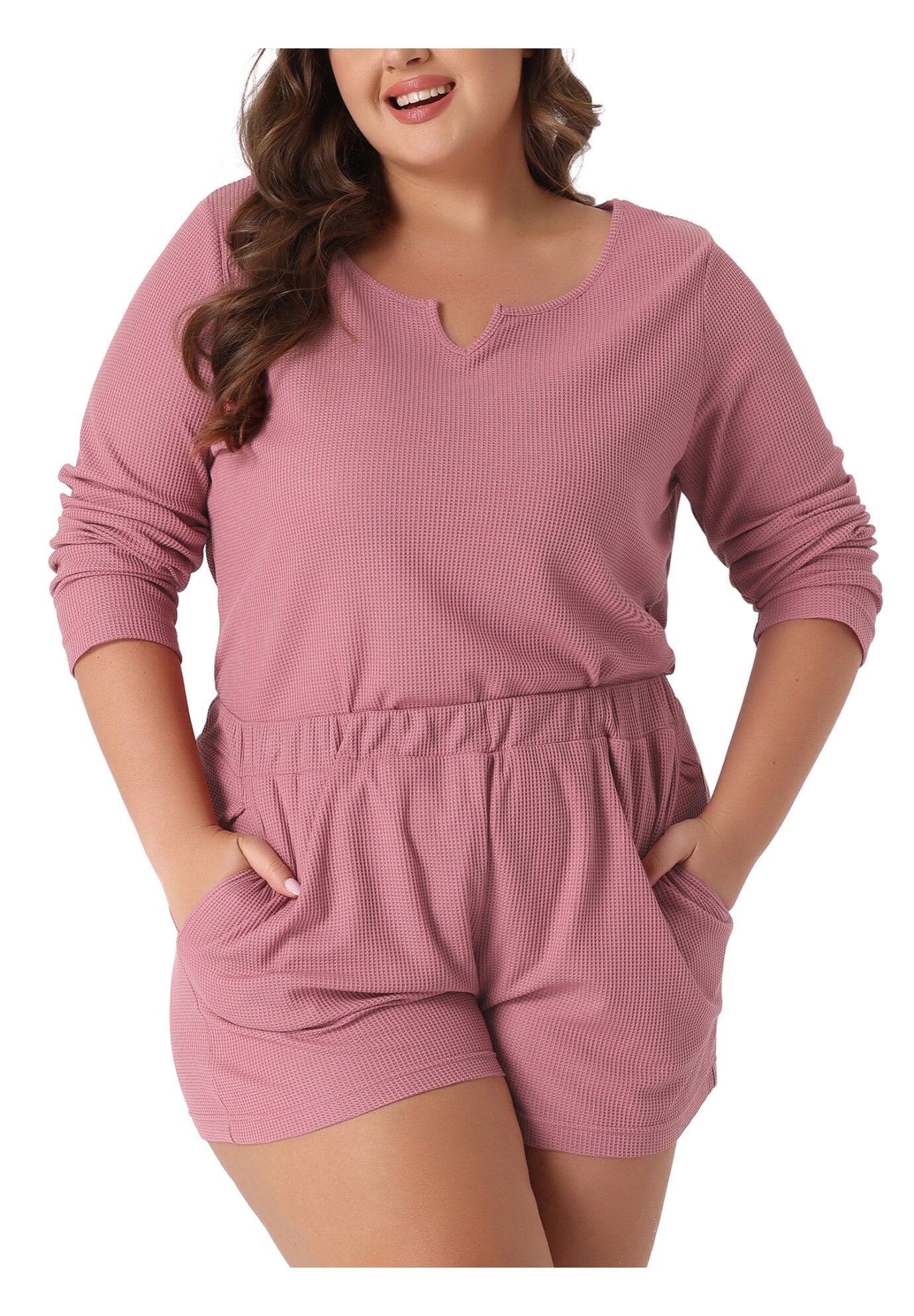 Waffle 2 Piece Long Sleeved Top and Shorts Pajama Sweatsuits Set, Dark Pink / Deep Fuchsia, alternate image number 1