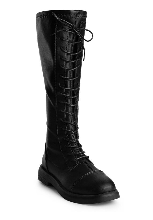Lace Up Lug Sole Flat Low Heel Knee High Combat Boots, Black / Black, hi-res image number null