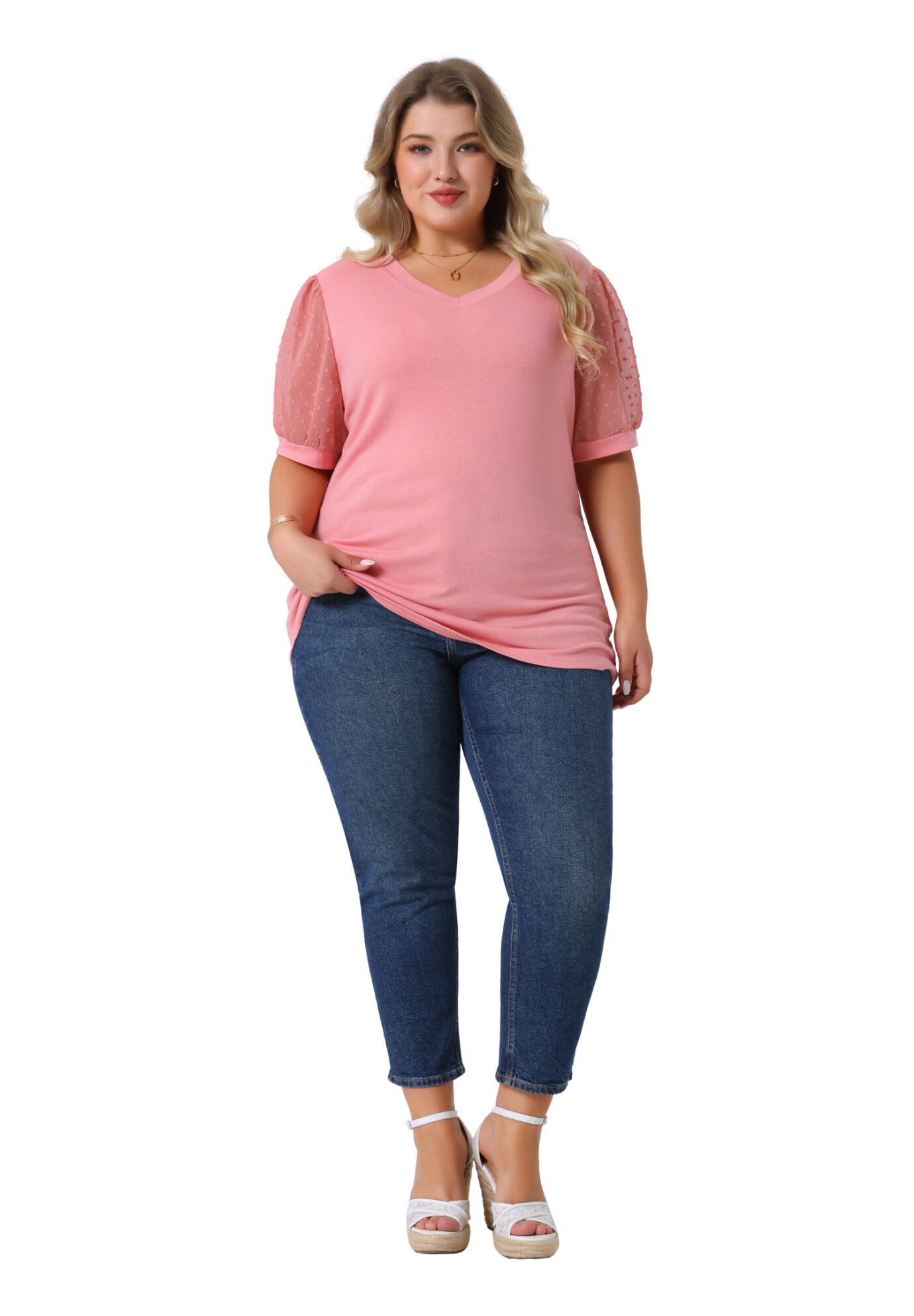 V Neck Swiss Dots Puff Sleeve Loose Top, Pink / Pink, hi-res image number 0