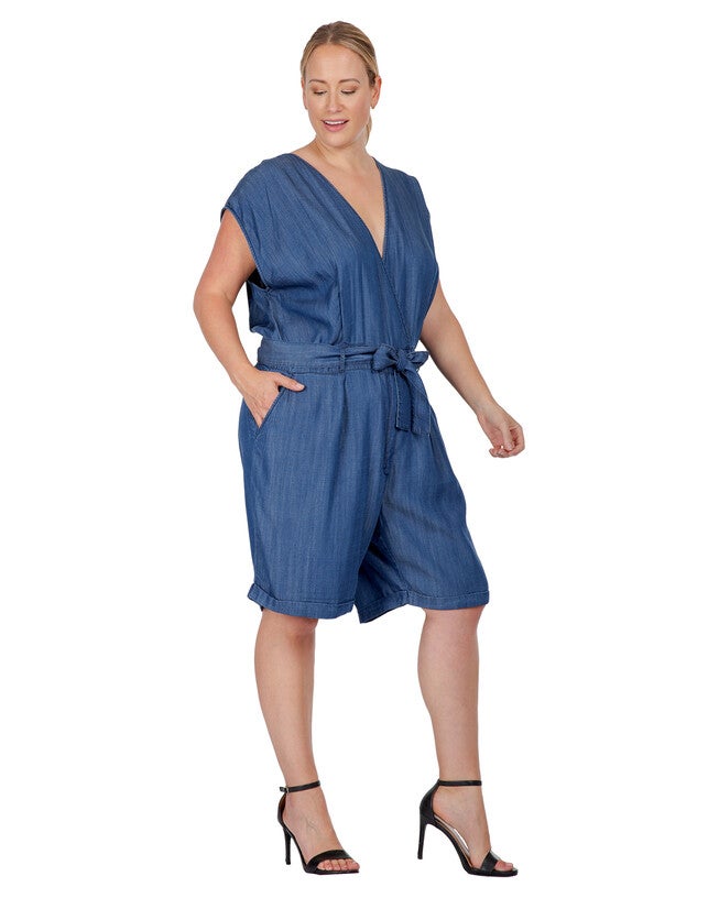 Eleanor Women's Plus Size Cap Sleeve V-neck Front Tie Tencel Denim Romper, , alternate image number 7