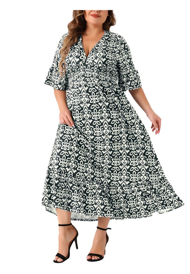 Bell Sleeve Ruffled Hem V Neck Short Sleeve Boho A Line Long Dress, Black / Black, alternate image number 4