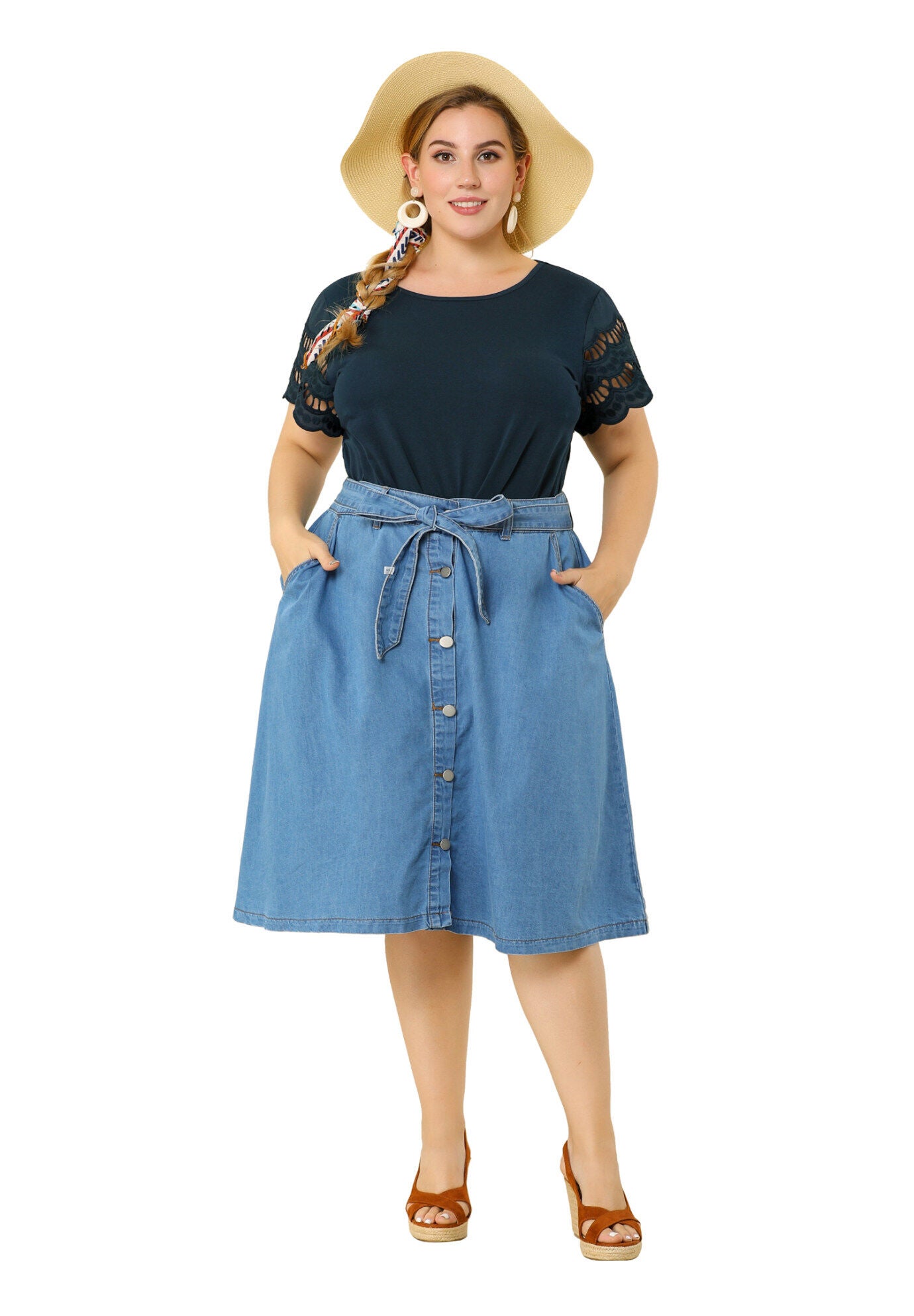 Lace Panel Hollow Short Sleeve Summer Blouse, Dark Blue / Navy, hi-res image number 0