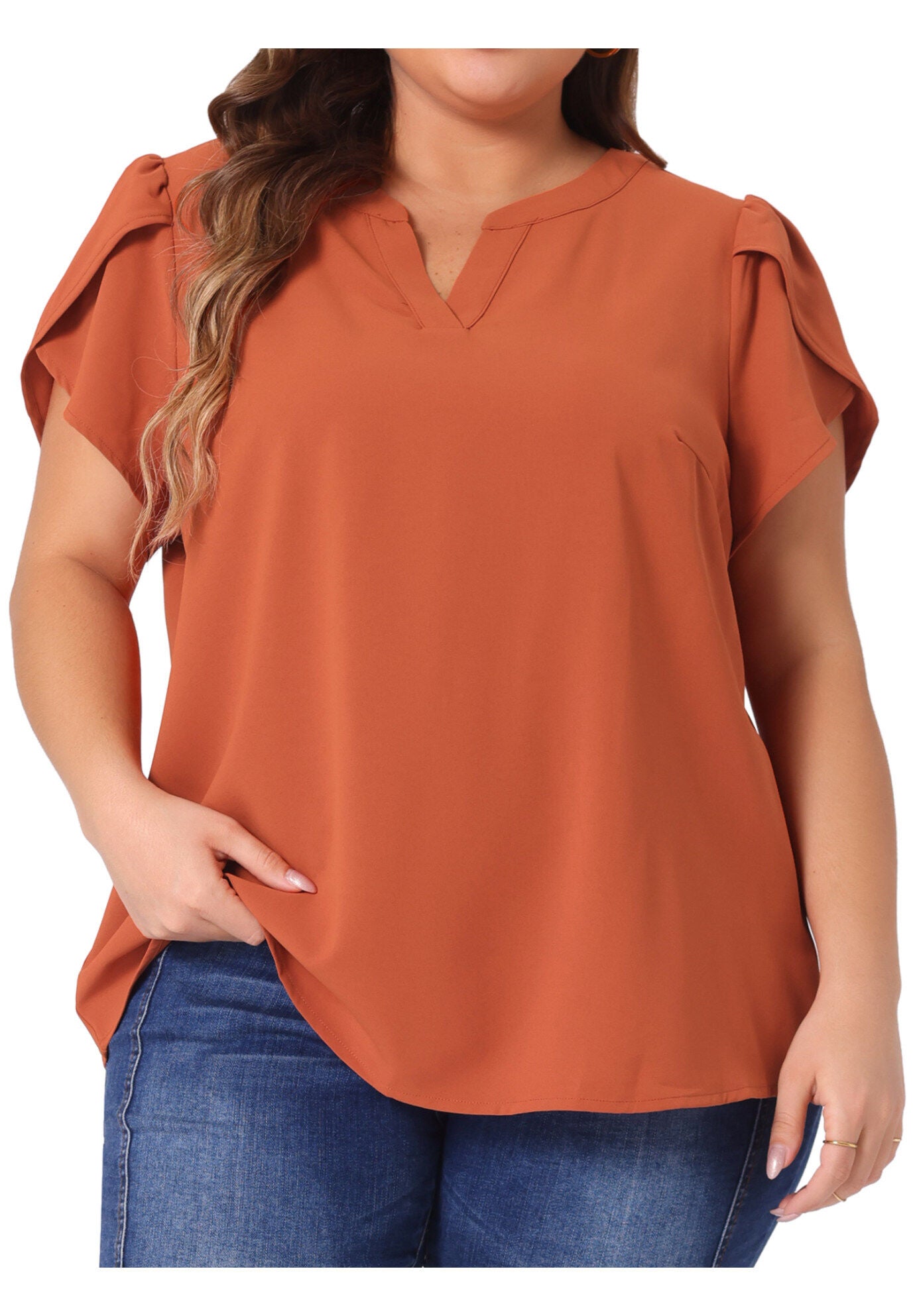 Notched V Neck Short Petal Sleeve Shirt Top, Caramel / Burnt Orange, alternate image number 1