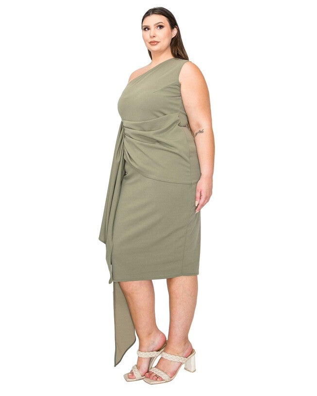 ESME FRONT DRAPED SASH DRESS, Dark Sage / Olive Green, alternate image number 1