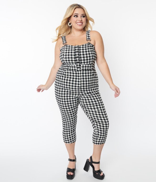 Unique Vintage Black & White Gingham Eartha Jumpsuit, , alternate image number null