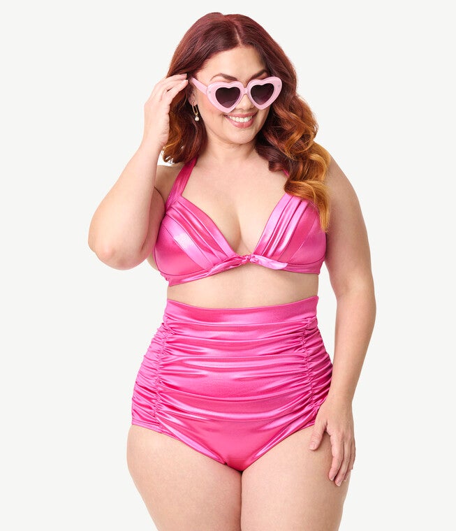 Unique Vintage Plus Size Pink Shimmer Monroe Halter Swim Top, Pink / Pink, hi-res image number 0