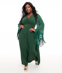 1970s Green Fringe Sleeve Maxi Dress
