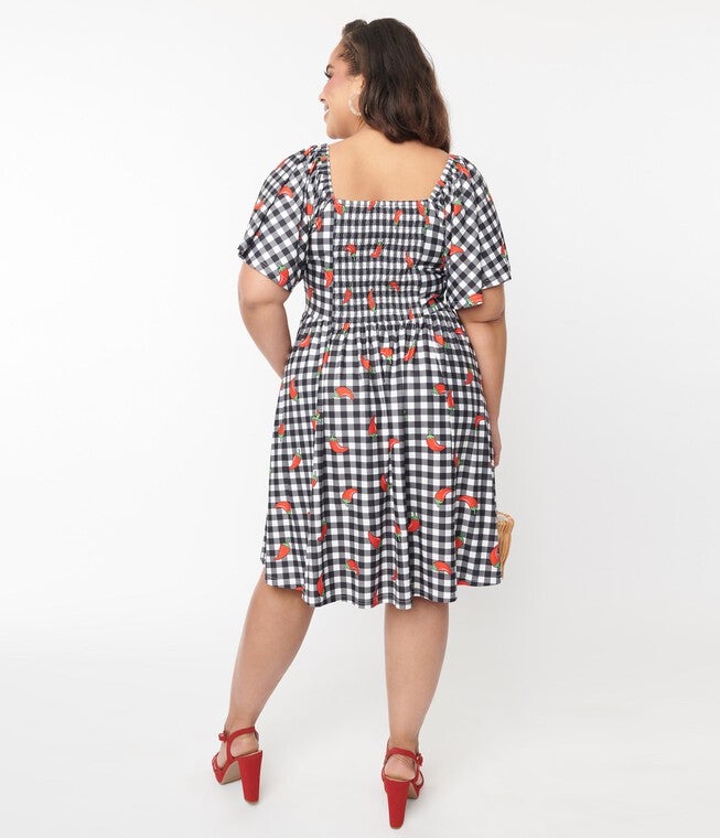 Unique Vintage 1950s Curve Black & White Chili Pepper Gingham Swing Dress, BlackWhite GinghamChili Pepper Print / Black, alternate image number 1
