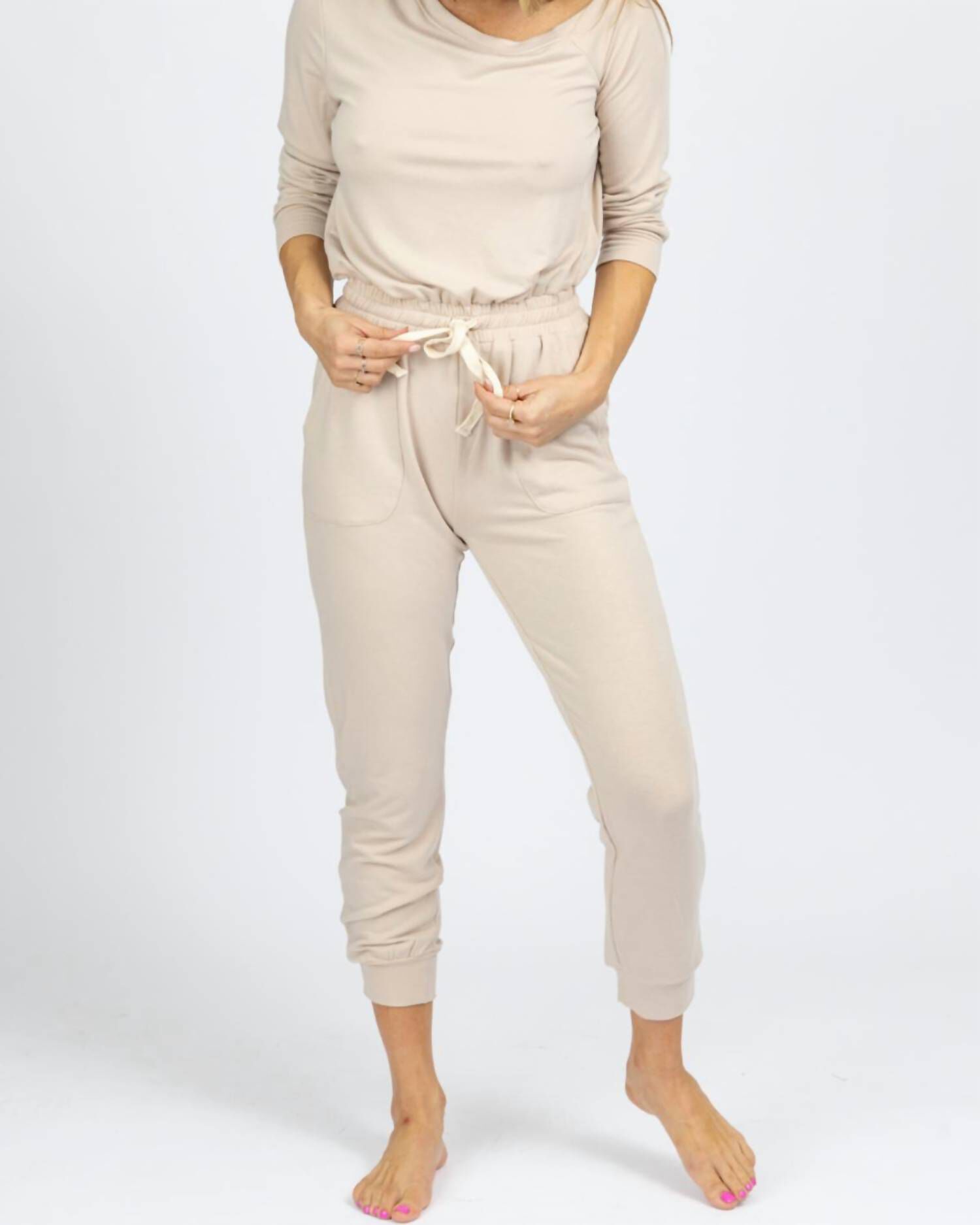 Butter Soft Drawstring Jumpsuit, Taupe / Beige, alternate image number 3
