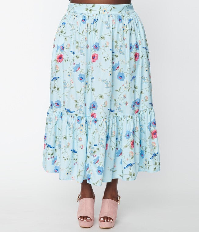 Unique Vintage Blue Floral & Blue Bird Tiered Midi Skirt, Blue Floral / Light Blue, alternate image number null